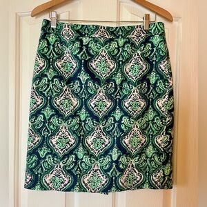 J. Crew Green and Navy Paisley Pencil Skirt